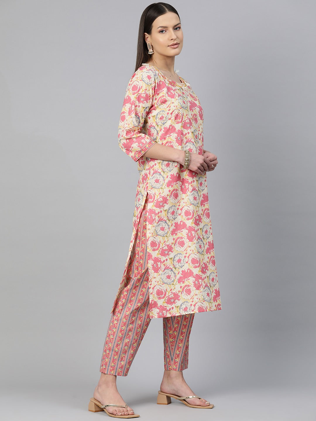 Straight Style Cotton Fabric Pink Color Floral Printed Kurti With Salwar And Dupatta