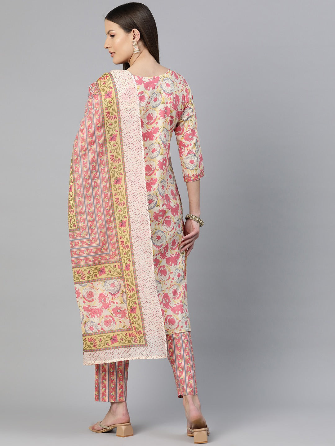 Straight Style Cotton Fabric Pink Color Floral Printed Kurti With Salwar And Dupatta