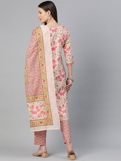 Straight Style Cotton Fabric Pink Color Floral Printed Kurti With Salwar And Dupatta