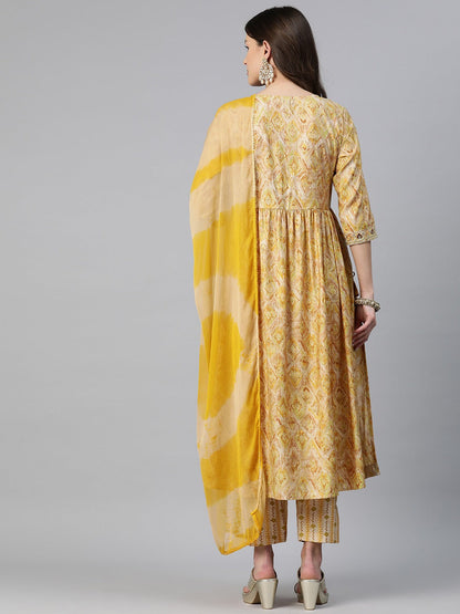 A-Line Style Chanderi Silk Fabric Beige Color Embroidered & Printed Kurti With Palazzo And Dupatta