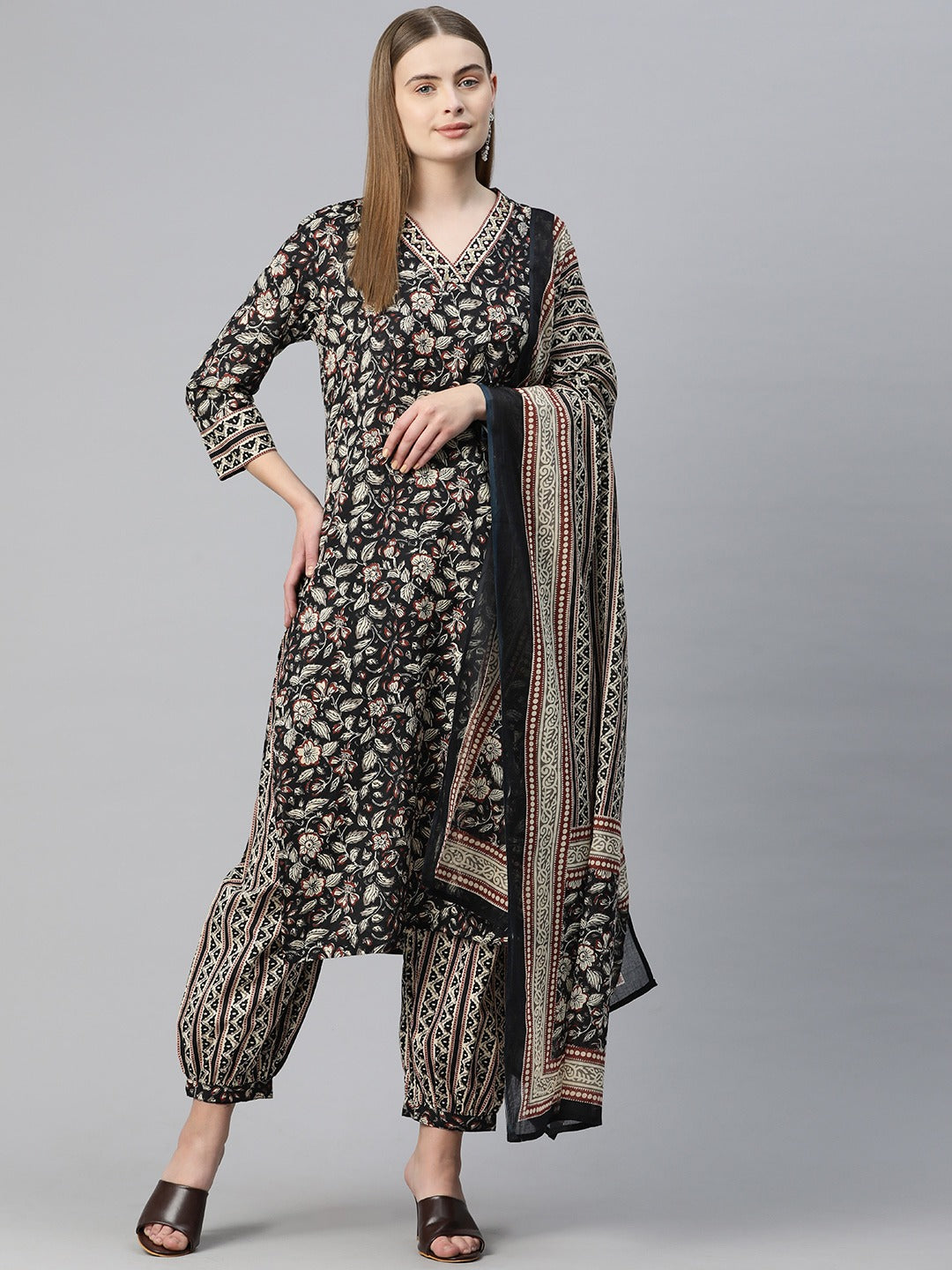 Straight Style Cotton Fabric Black Color Floral Printed Kurti With Patiala And Dupatta