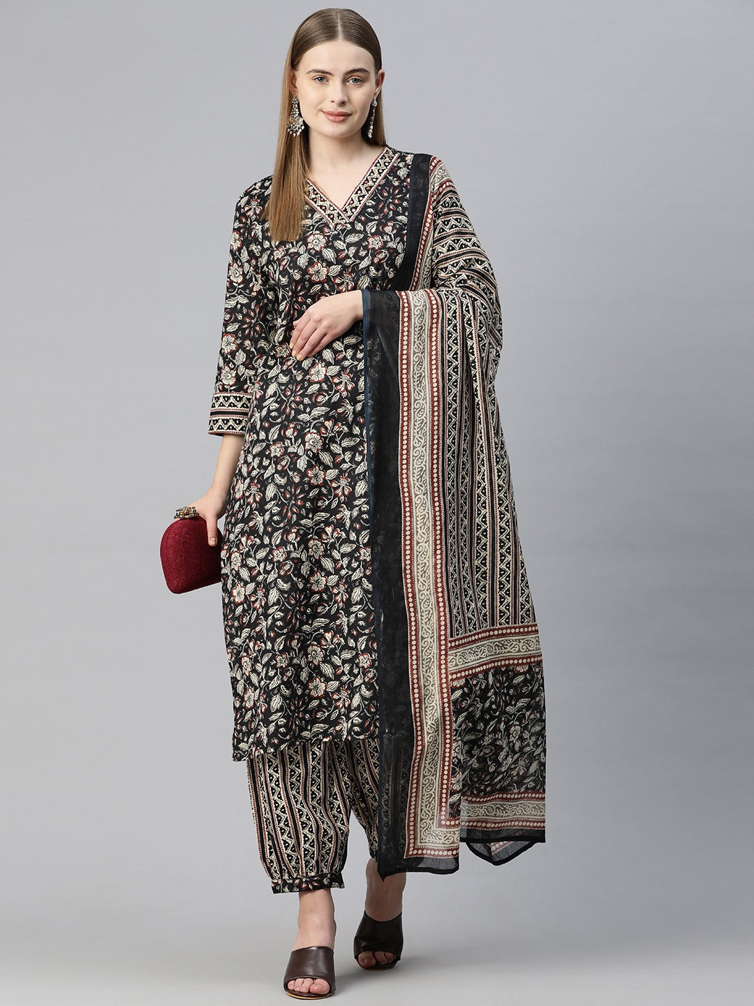Straight Style Cotton Fabric Black Color Floral Printed Kurti With Patiala And Dupatta