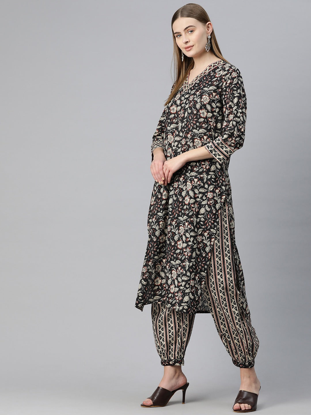 Straight Style Cotton Fabric Black Color Floral Printed Kurti With Patiala And Dupatta