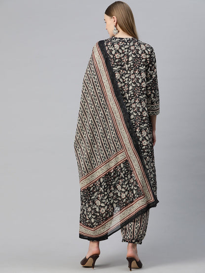Straight Style Cotton Fabric Black Color Floral Printed Kurti With Patiala And Dupatta