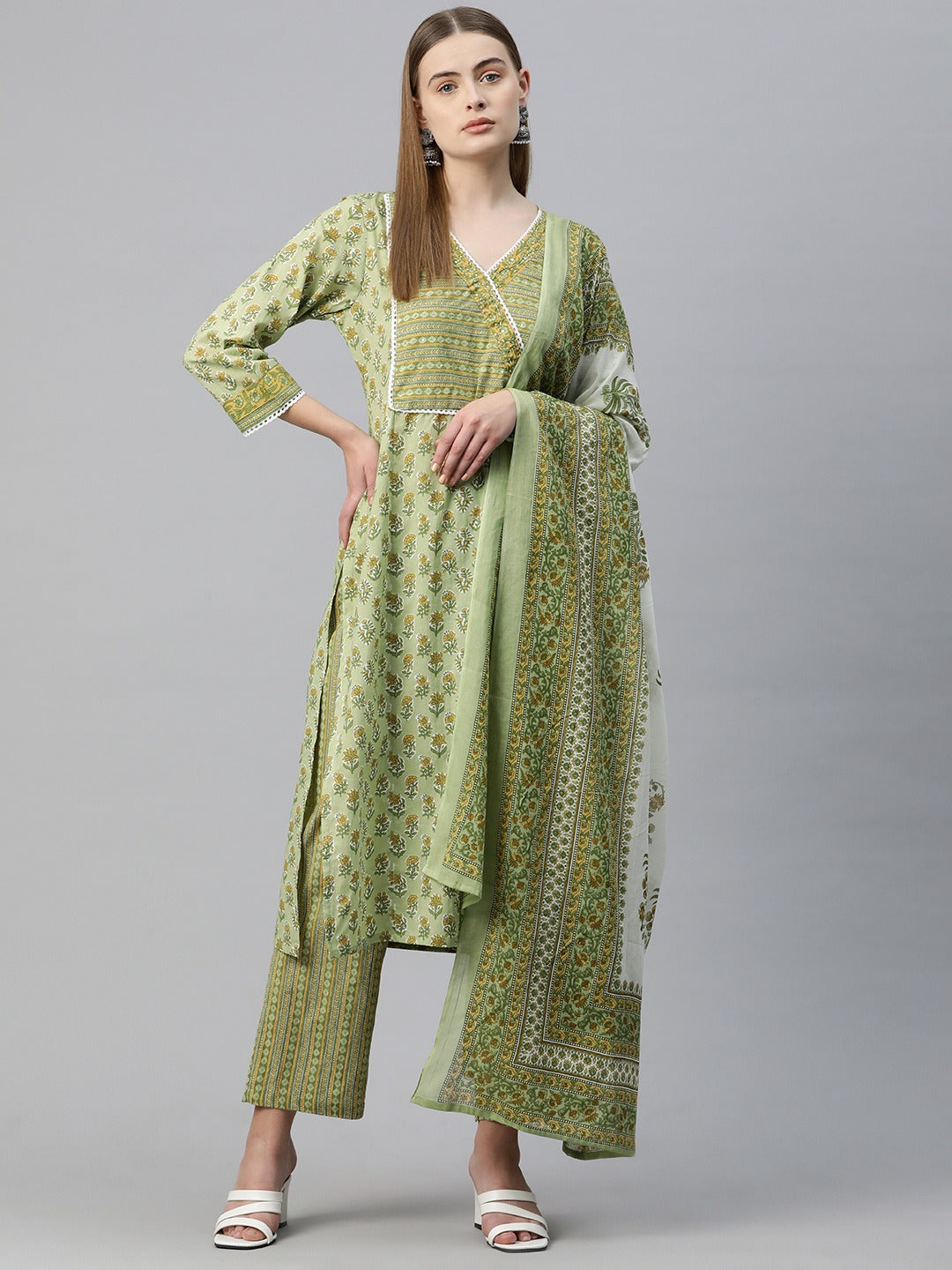 Straight Style Cotton Fabric Green Color Floral Printed Kurti With Palazzo And Dupatta