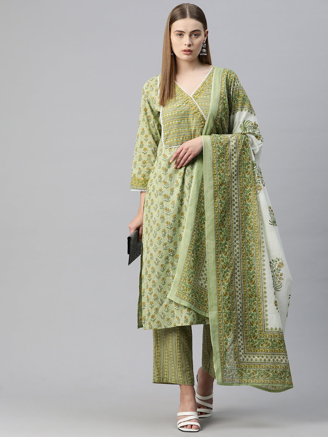 Straight Style Cotton Fabric Green Color Floral Printed Kurti With Palazzo And Dupatta