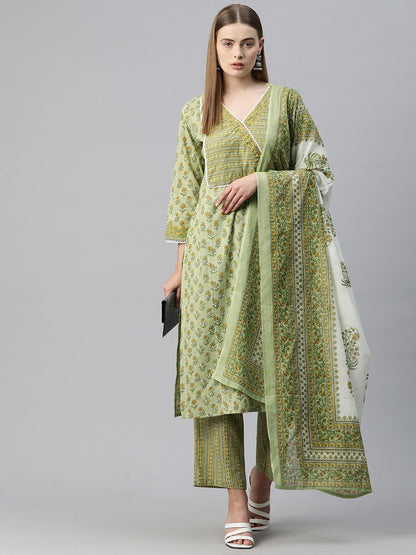 Straight Style Cotton Fabric Green Color Floral Printed Kurti With Palazzo And Dupatta