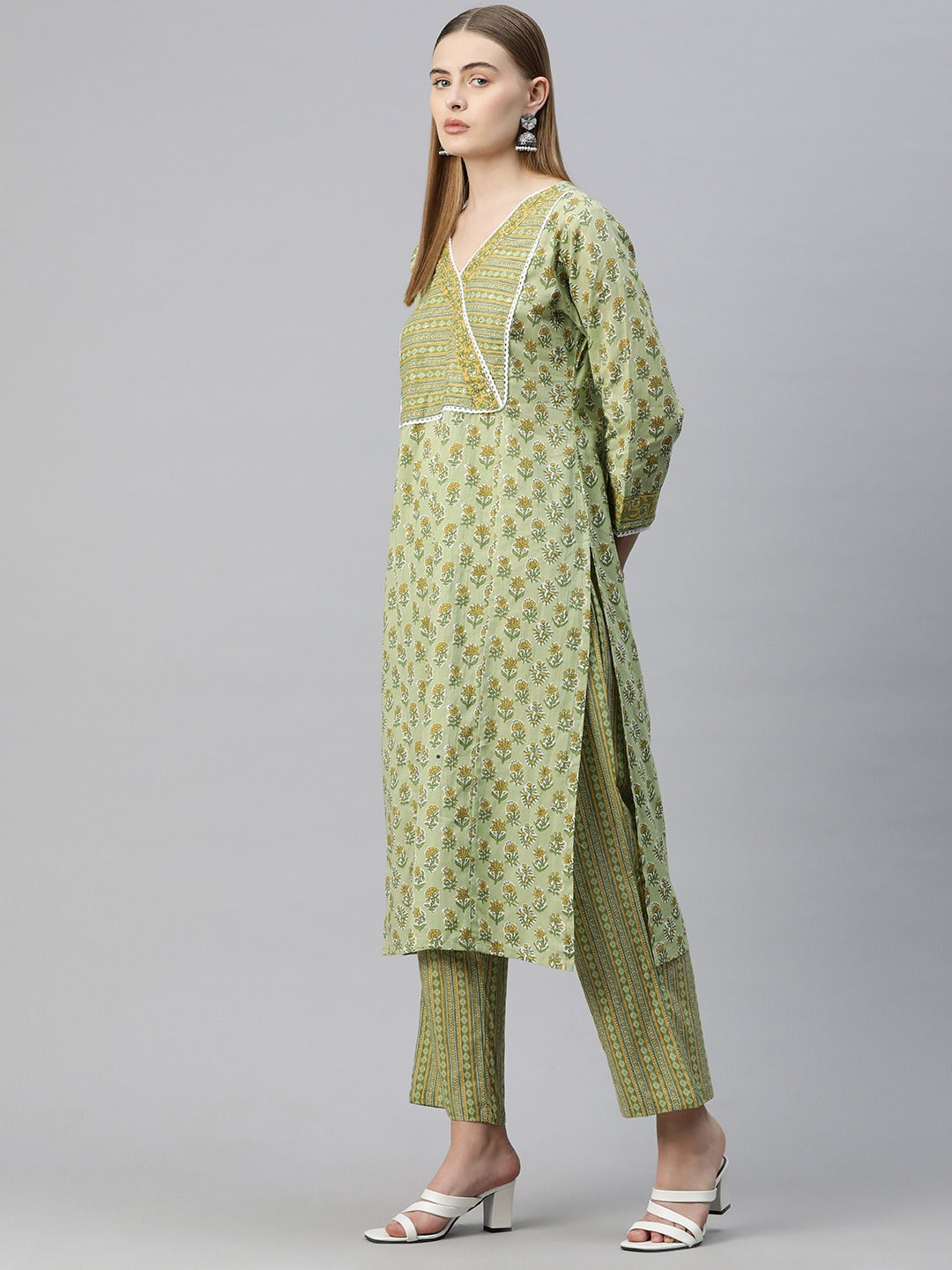 Straight Style Cotton Fabric Green Color Floral Printed Kurti With Palazzo And Dupatta