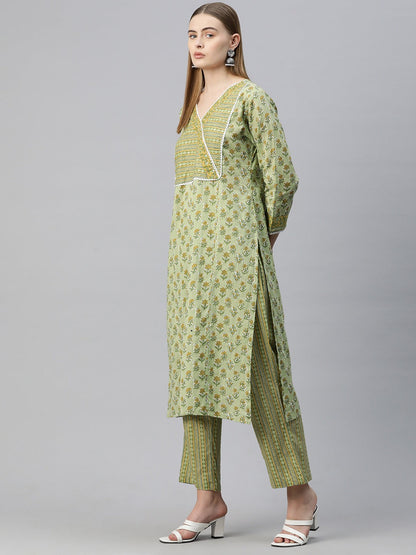 Straight Style Cotton Fabric Green Color Floral Printed Kurti With Palazzo And Dupatta