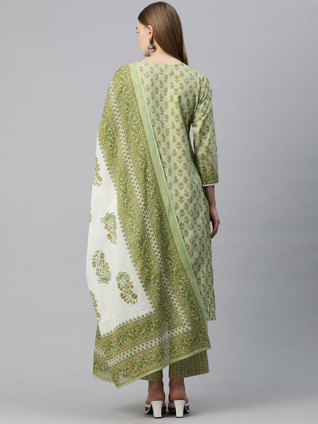 Straight Style Cotton Fabric Green Color Floral Printed Kurti With Palazzo And Dupatta