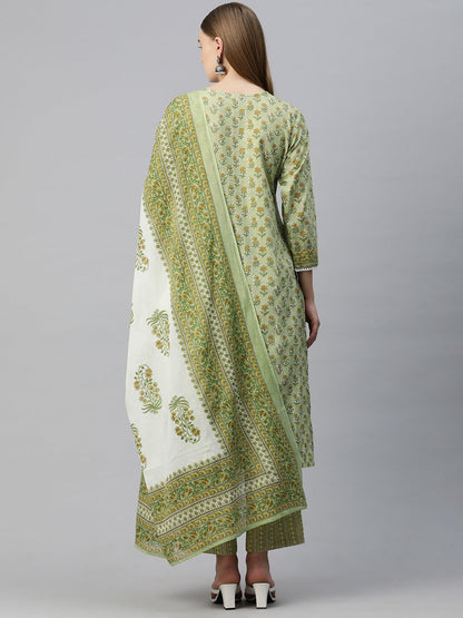 Straight Style Cotton Fabric Green Color Floral Printed Kurti With Palazzo And Dupatta