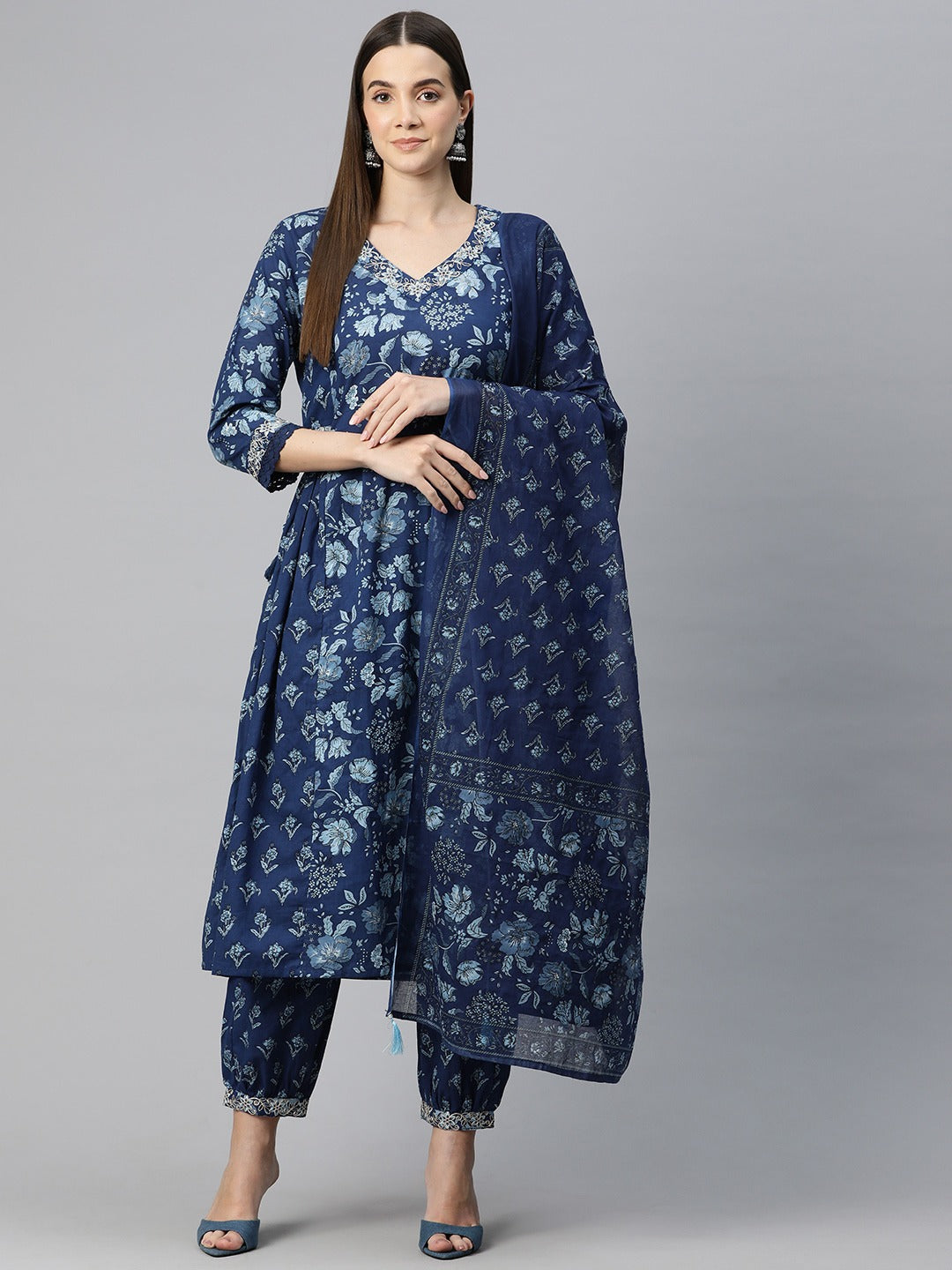 Anarkali Style Cotton Fabric Blue Color Floral Printed Kurti With Patiala And Dupatta