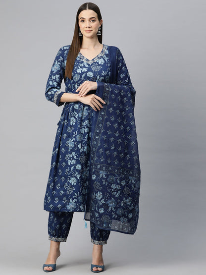 Anarkali Style Cotton Fabric Blue Color Floral Printed Kurti With Patiala And Dupatta