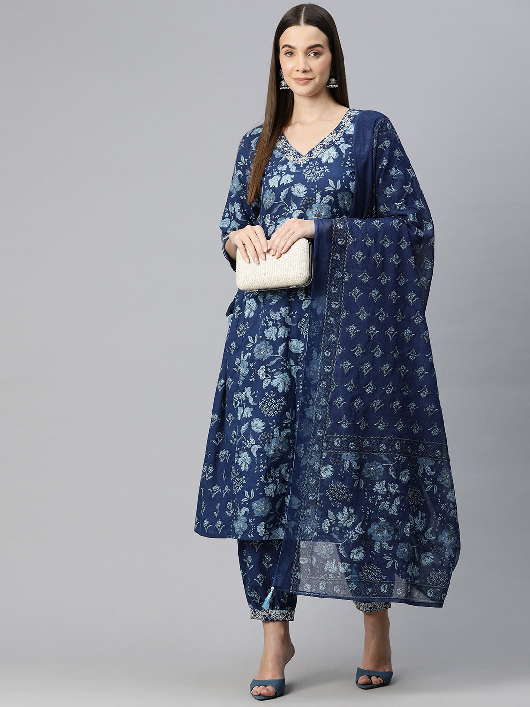 Anarkali Style Cotton Fabric Blue Color Floral Printed Kurti With Patiala And Dupatta
