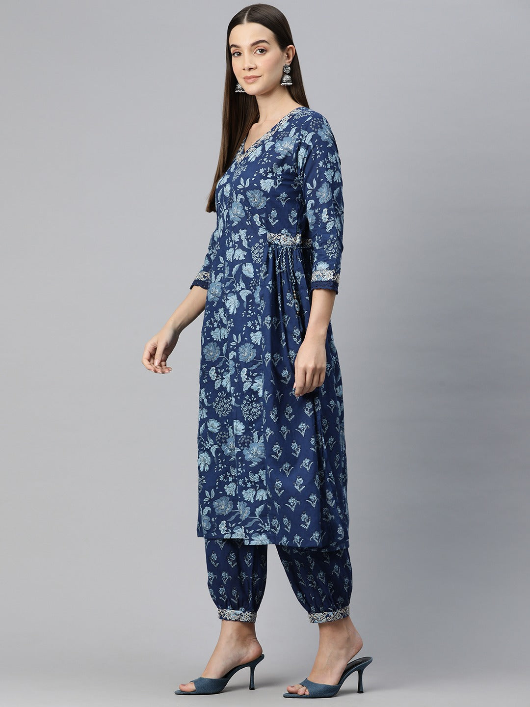Anarkali Style Cotton Fabric Blue Color Floral Printed Kurti With Patiala And Dupatta