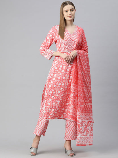 Straight Style Cotton Fabric Peach Color Floral Printed Kurti With Palazzo And Dupatta