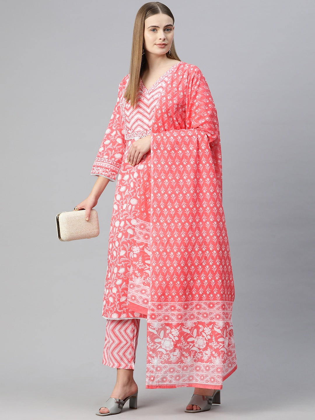 Straight Style Cotton Fabric Peach Color Floral Printed Kurti With Palazzo And Dupatta