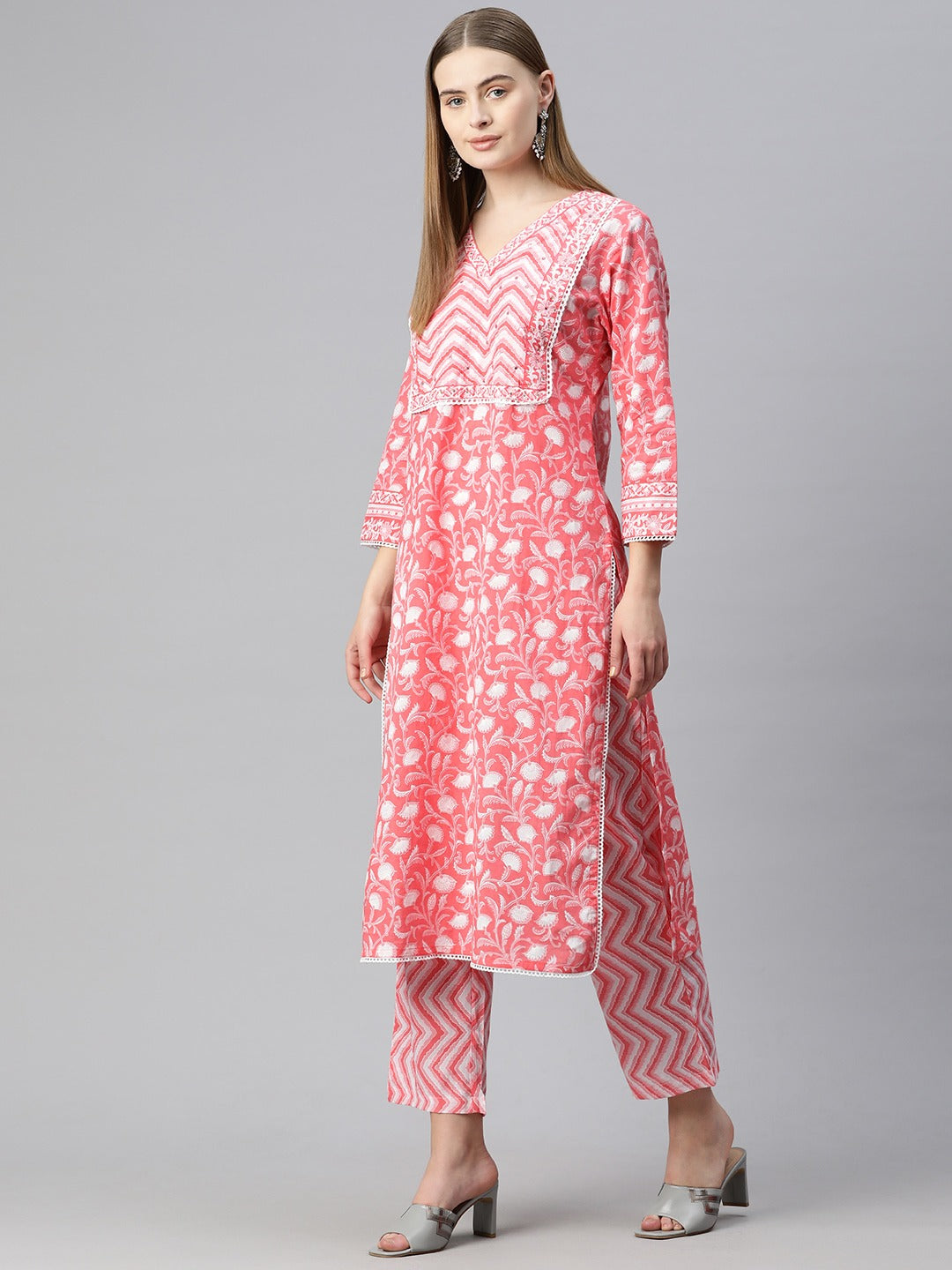 Straight Style Cotton Fabric Peach Color Floral Printed Kurti With Palazzo And Dupatta