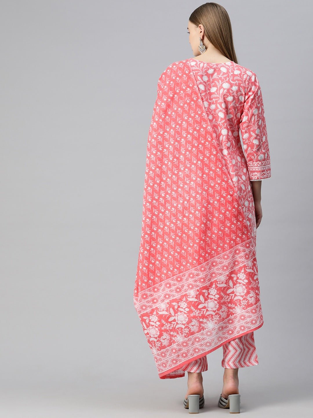 Straight Style Cotton Fabric Peach Color Floral Printed Kurti With Palazzo And Dupatta
