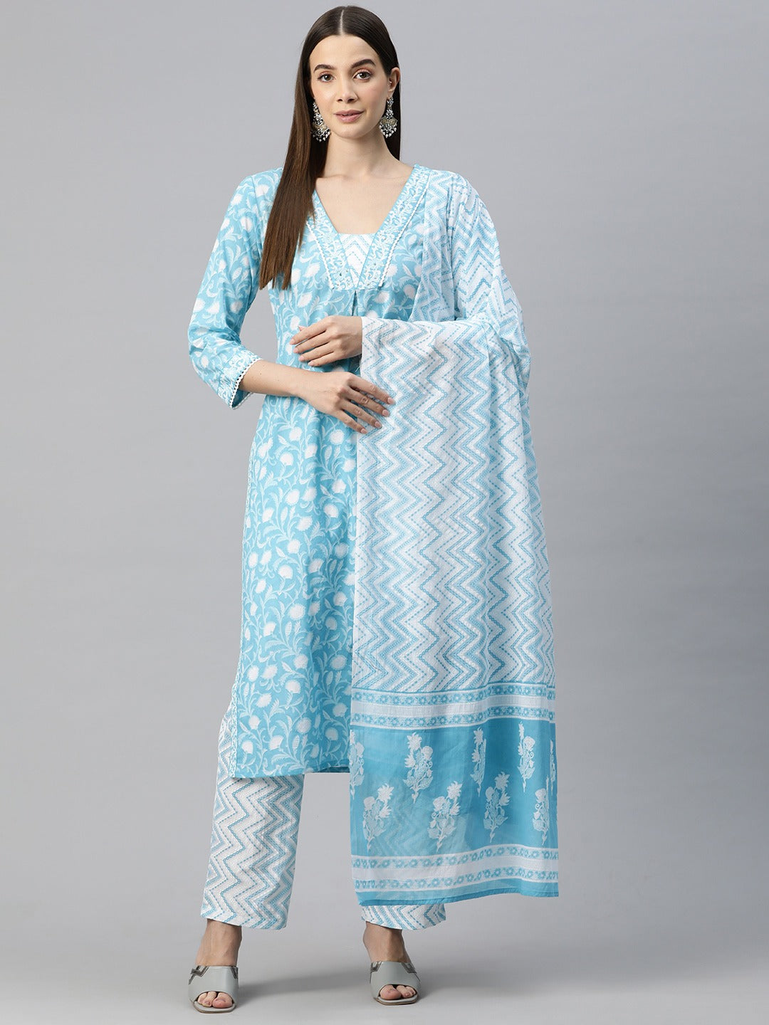 Straight Style Cotton Fabric Blue Color Floral Printed Kurti With Palazzo And Dupatta