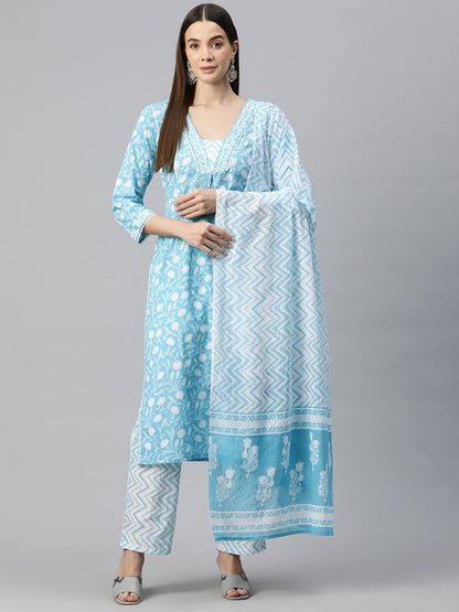 Straight Style Cotton Fabric Blue Color Floral Printed Kurti With Palazzo And Dupatta
