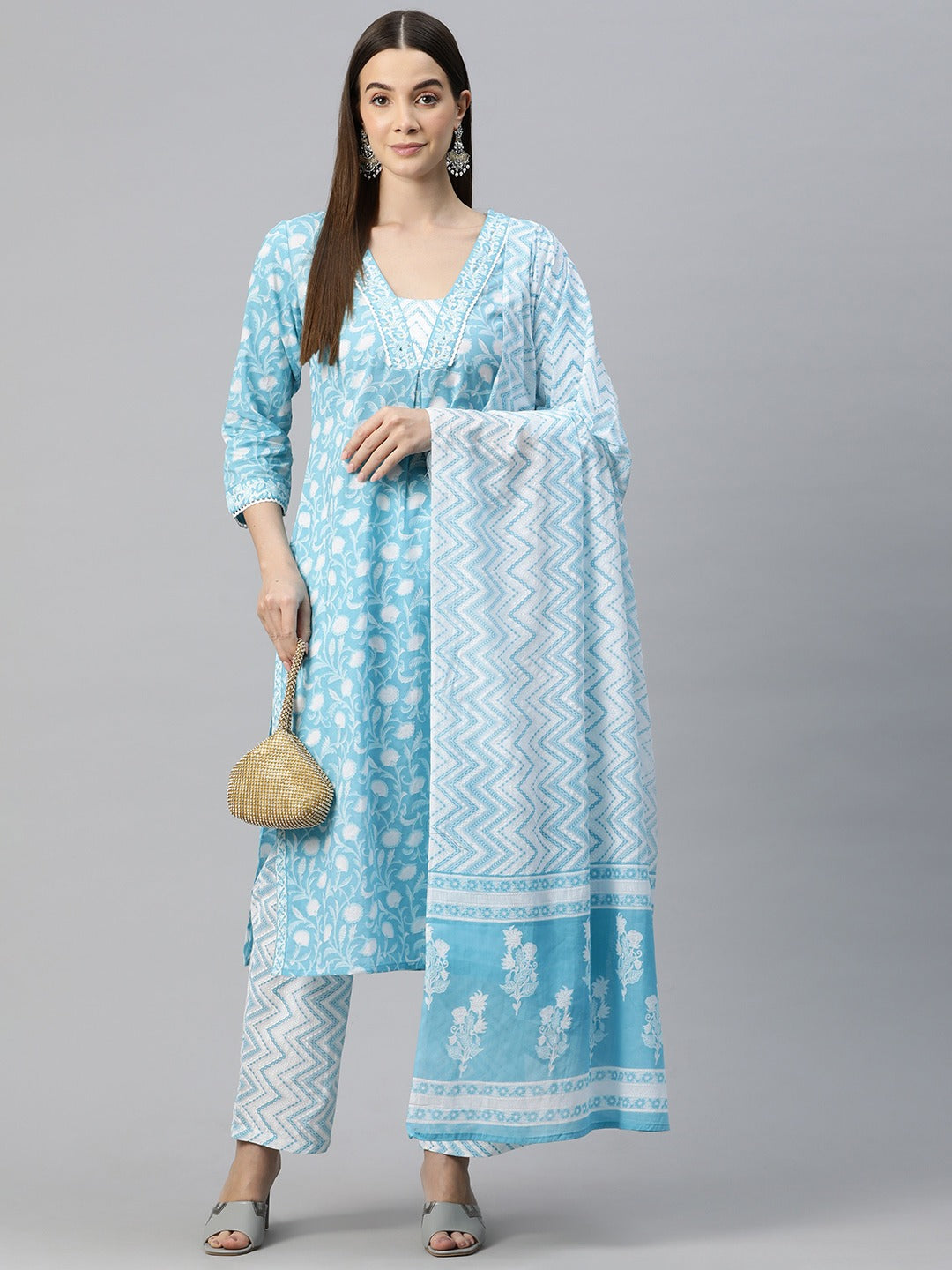 Straight Style Cotton Fabric Blue Color Floral Printed Kurti With Palazzo And Dupatta