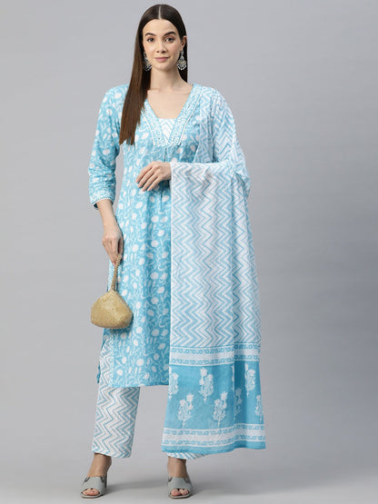 Straight Style Cotton Fabric Blue Color Floral Printed Kurti With Palazzo And Dupatta