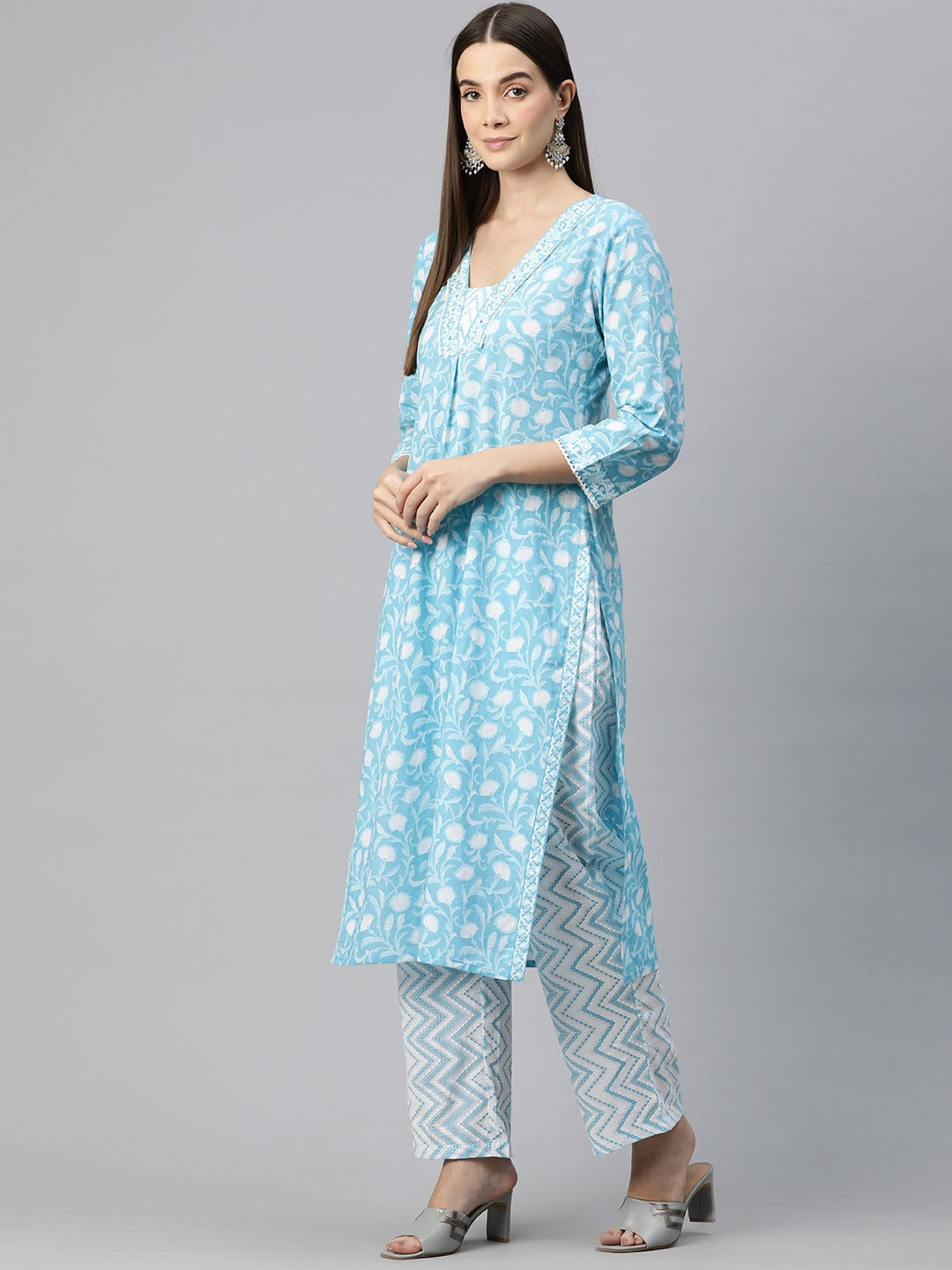 Straight Style Cotton Fabric Blue Color Floral Printed Kurti With Palazzo And Dupatta