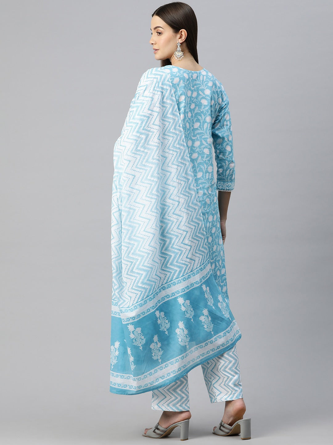 Straight Style Cotton Fabric Blue Color Floral Printed Kurti With Palazzo And Dupatta
