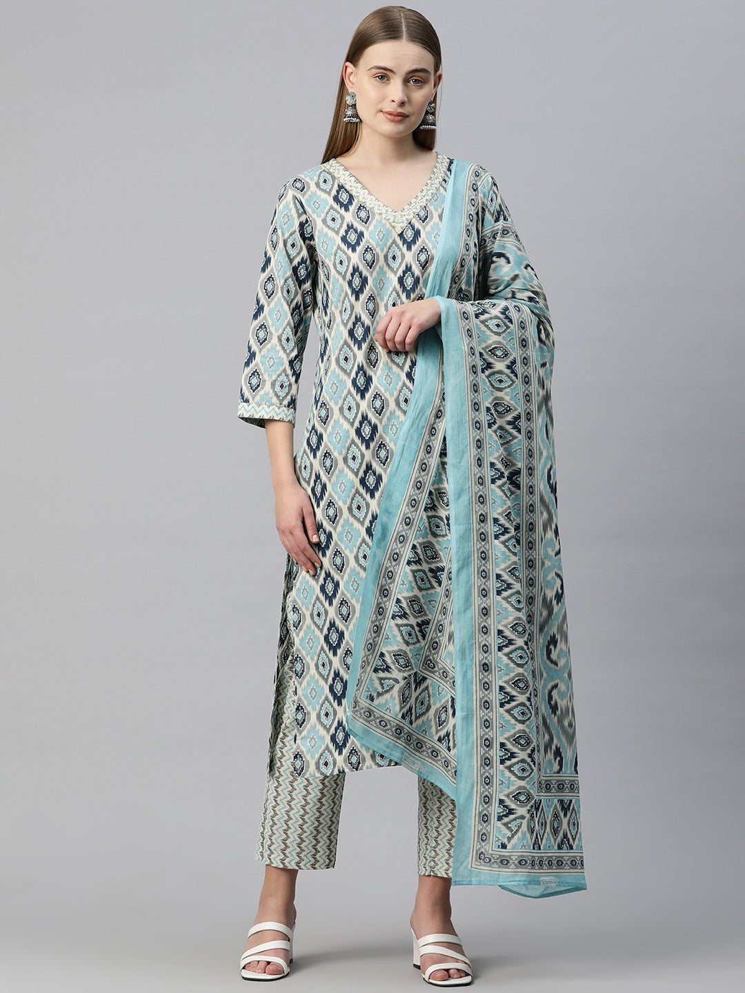 Straight Style Cotton Fabric Grey Color Printed Kurti With Palazzo And Dupatta