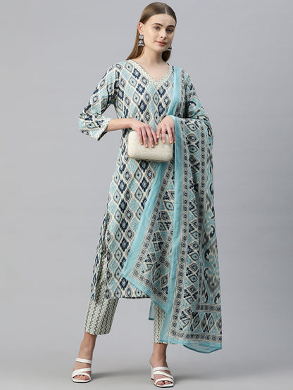 Straight Style Cotton Fabric Grey Color Printed Kurti With Palazzo And Dupatta