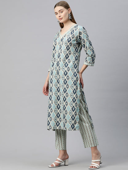 Straight Style Cotton Fabric Grey Color Printed Kurti With Palazzo And Dupatta