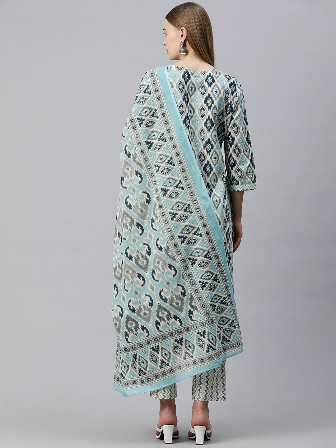 Straight Style Cotton Fabric Grey Color Printed Kurti With Palazzo And Dupatta
