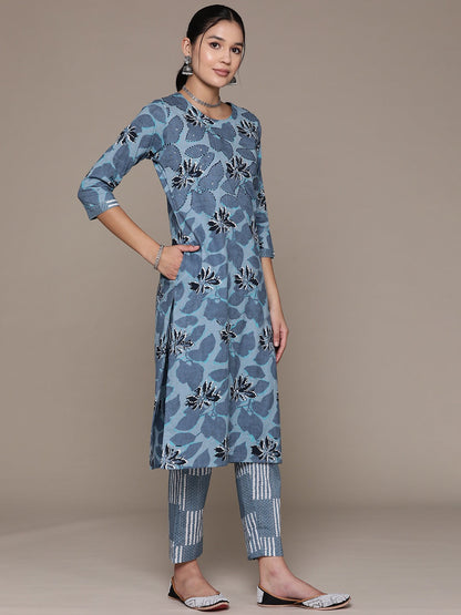 Straight Style Cotton Fabric Grey Color Floral Printed Kurti With Straight Palazzo And Dupatta