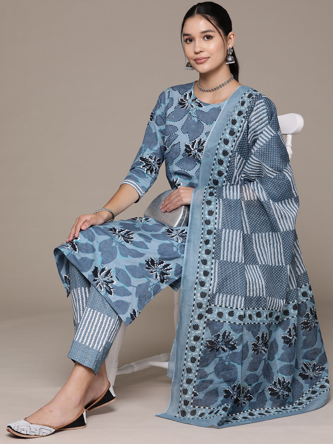 Straight Style Cotton Fabric Grey Color Floral Printed Kurti With Straight Palazzo And Dupatta