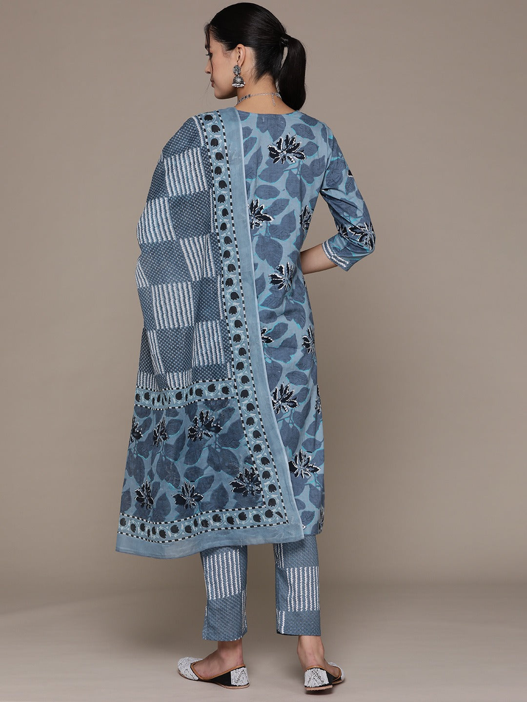 Straight Style Cotton Fabric Grey Color Floral Printed Kurti With Straight Palazzo And Dupatta