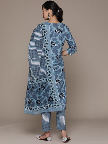 Straight Style Cotton Fabric Grey Color Floral Printed Kurti With Straight Palazzo And Dupatta