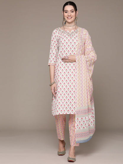 Straight Style Cotton Fabric White Color Floral Printed Gotta Patti Work Kurti With Palazzo And Dupatta