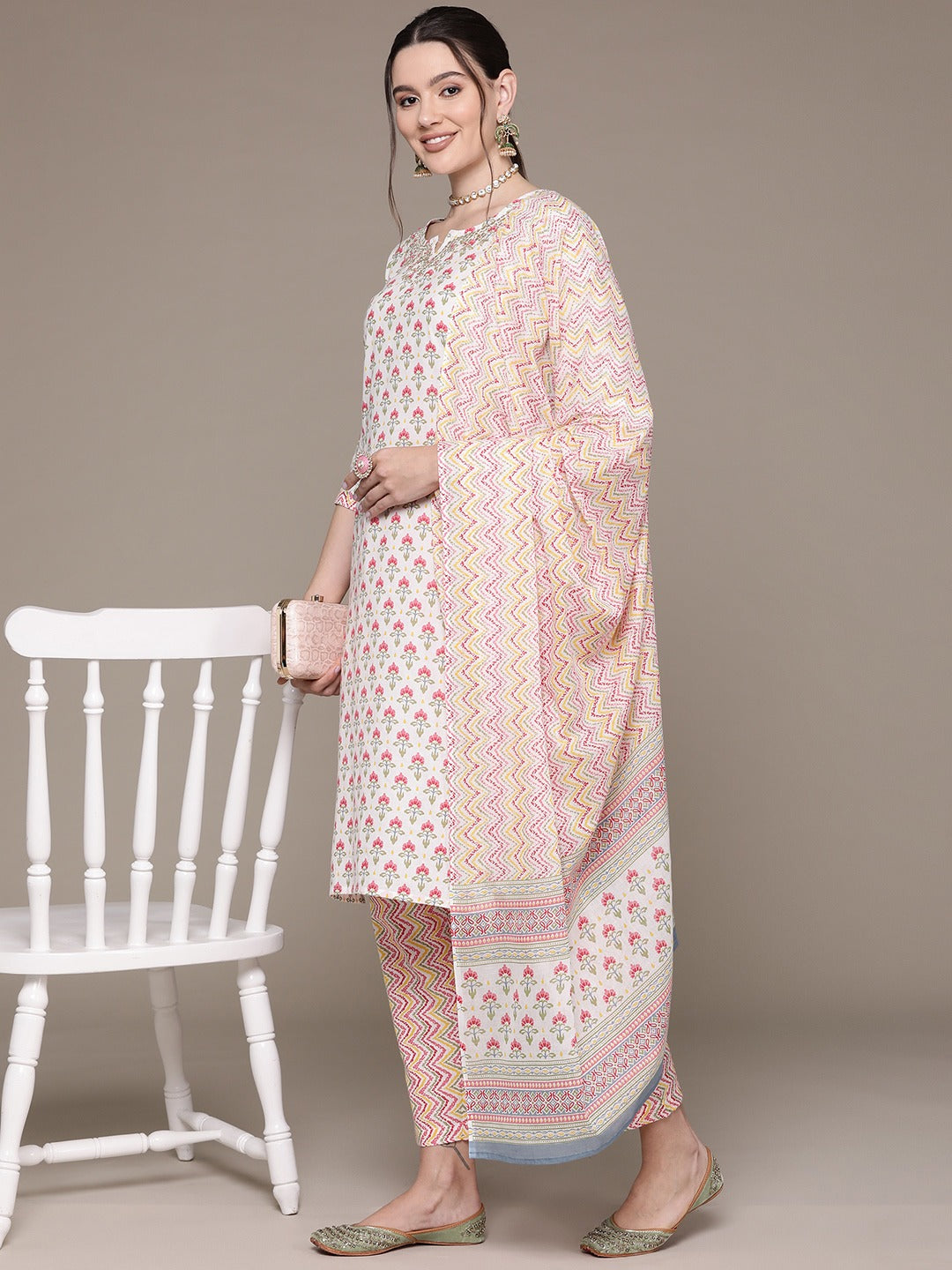 Straight Style Cotton Fabric White Color Floral Printed Gotta Patti Work Kurti With Palazzo And Dupatta