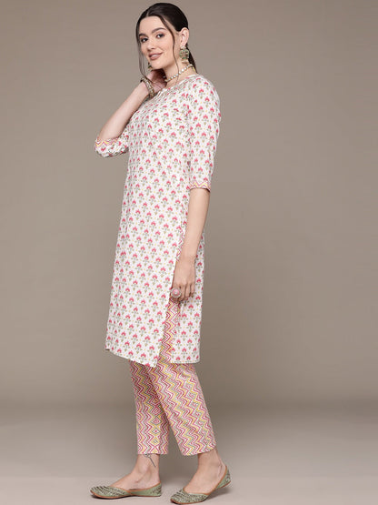Straight Style Cotton Fabric White Color Floral Printed Gotta Patti Work Kurti With Palazzo And Dupatta