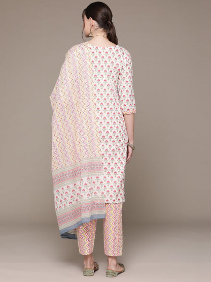 Straight Style Cotton Fabric White Color Floral Printed Gotta Patti Work Kurti With Palazzo And Dupatta