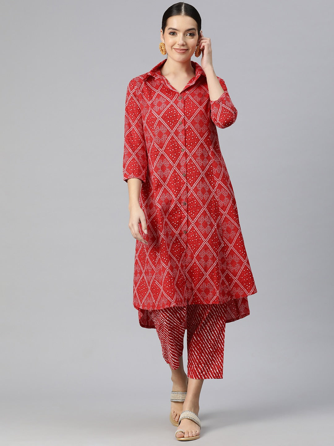A Line Style Cotton Fabric Red Color Bandhani Printed Kurta And Bottom