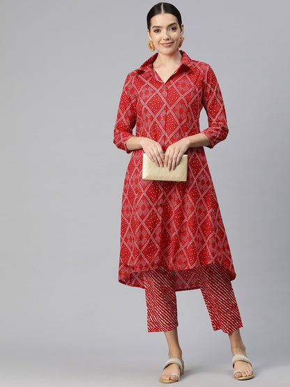 A Line Style Cotton Fabric Red Color Bandhani Printed Kurta And Bottom