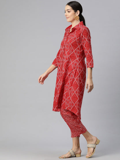 A Line Style Cotton Fabric Red Color Bandhani Printed Kurta And Bottom