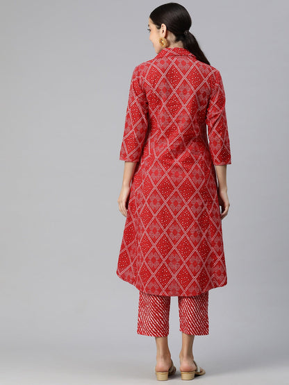 A Line Style Cotton Fabric Red Color Bandhani Printed Kurta And Bottom