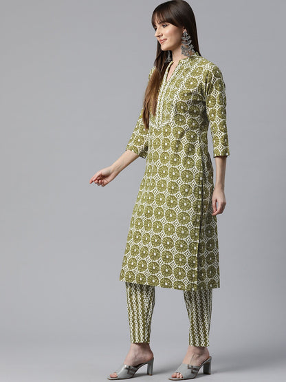 Straight Style Cotton Fabric Green  Color Floral Printed Kurti With Palazzo And Dupatta