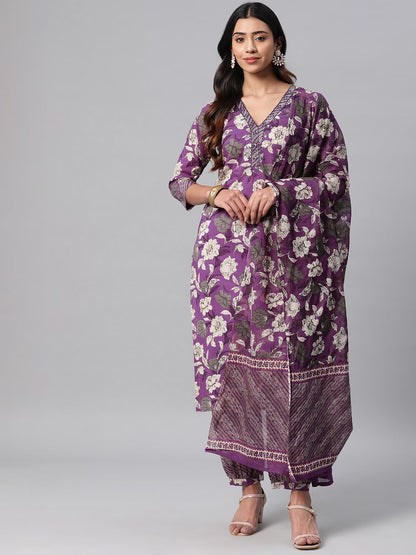 Cotton Printed Straight Kurta Salwar Dupatta Set (Purple)