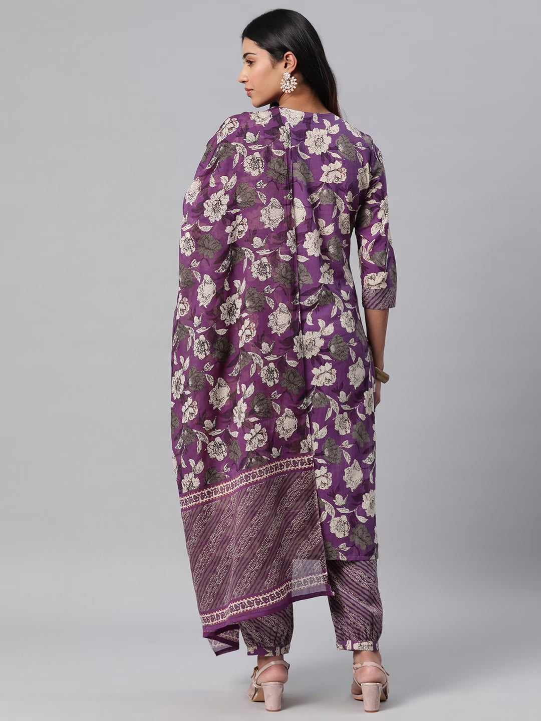 Cotton Printed Straight Kurta Salwar Dupatta Set (Purple)