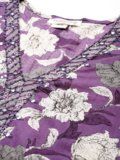 Cotton Printed Straight Kurta Salwar Dupatta Set (Purple)