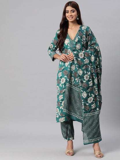 Cotton Printed Straight Kurta Salwar Dupatta Set (Sea Green)